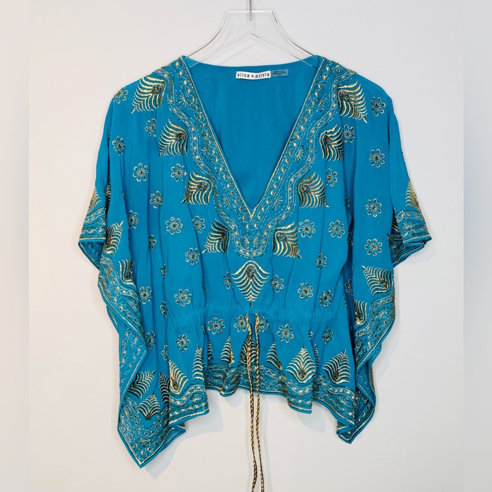 Alice + Olivia Sharita Blue Green Teal Gold Embroidered Drawstring Top Blouse - Picture 13 of 15